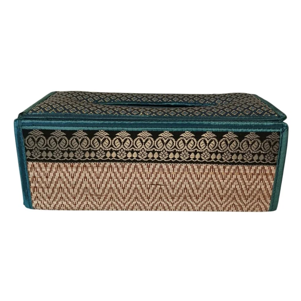 Handmade Woven Reed Tissue Box Holder Blue Green Brown Gold Rectangle Bohemian